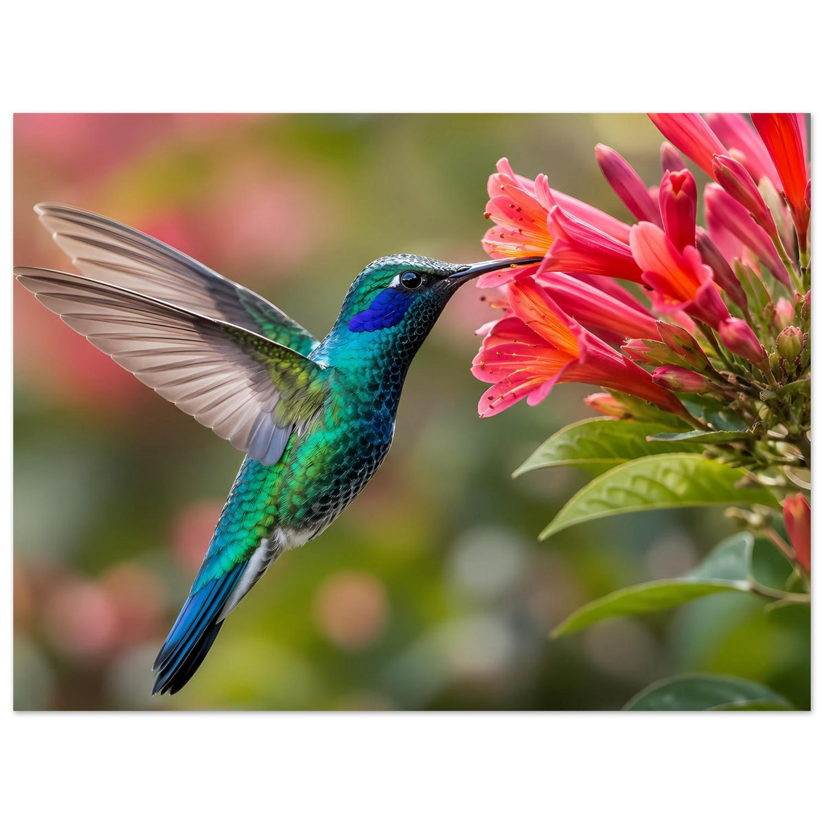 Naturposter mit türkisgrünem Kolibri und rosa Blüten, seitlicher Blick, Flügel weit