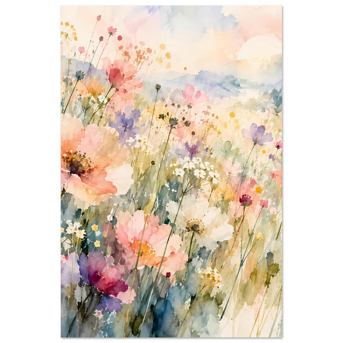 Aquarell-Poster mit Wildblumen in Pastell, bunte Blüten und Grasstreifen, vertikal