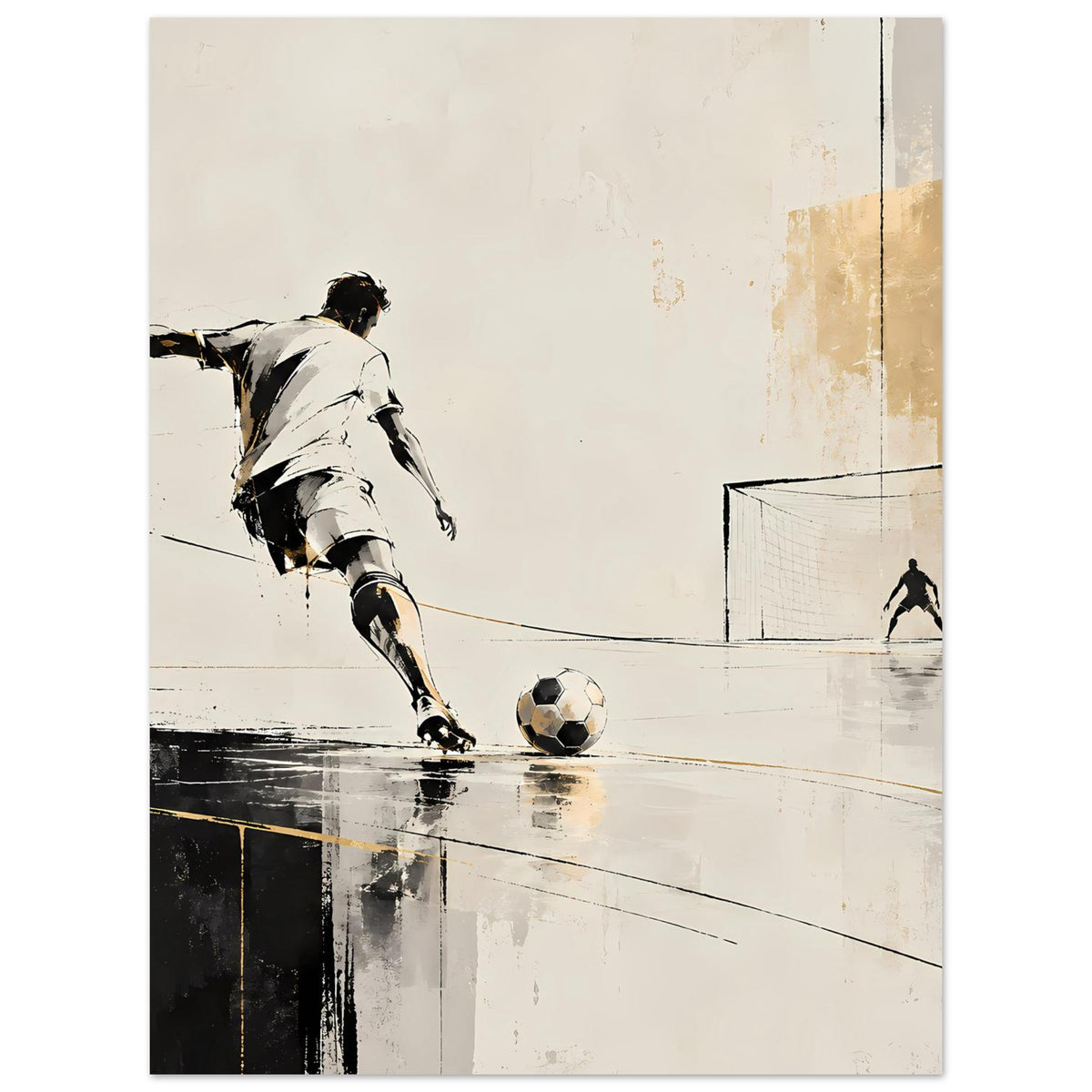 Sportposter, vertikaler Ausschnitt: weißer Fußballer mit Ball, Tor rechts