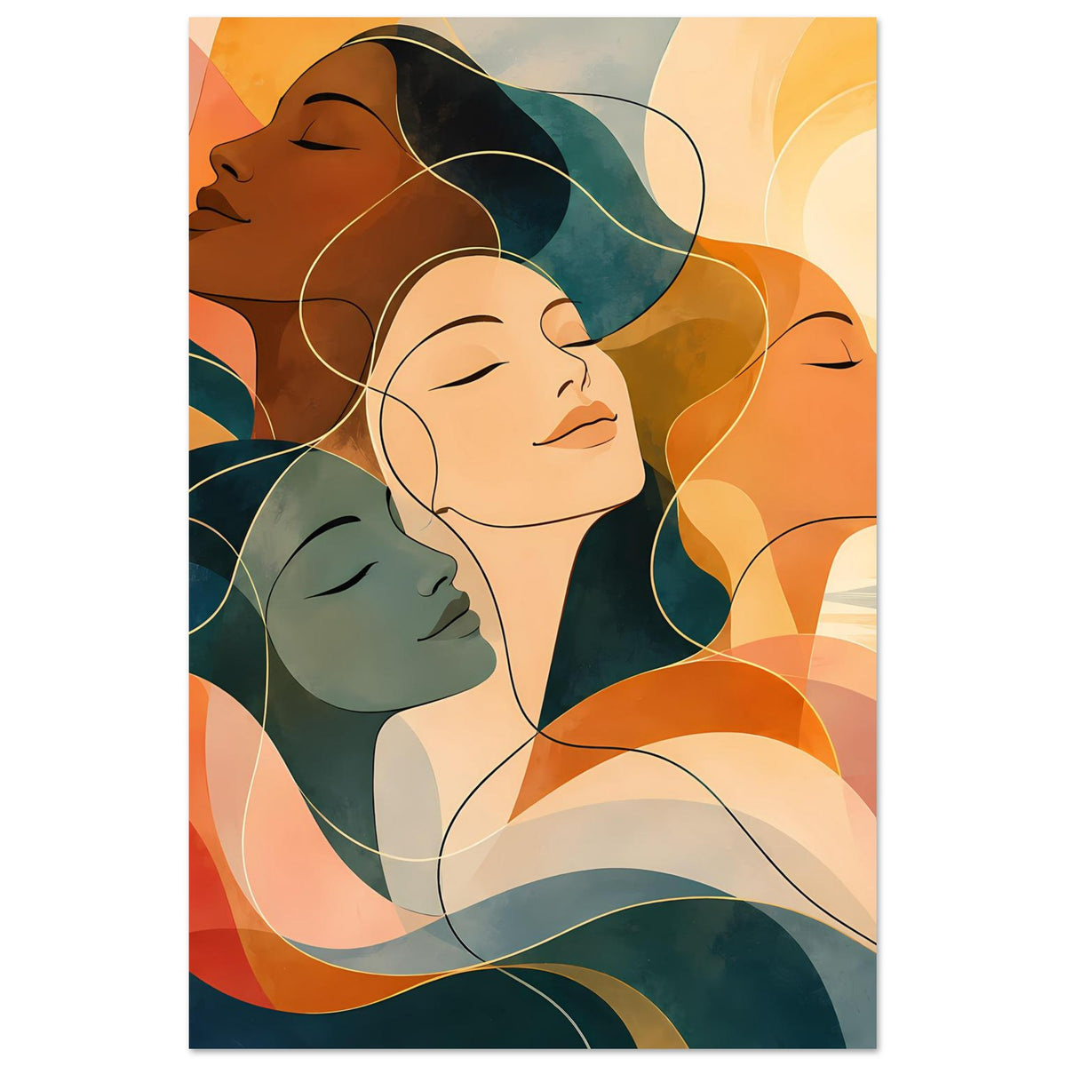 Kunstposter im Hochformat mit vier Frauen, große Gesichter, Erdtöne und blaue Flächen