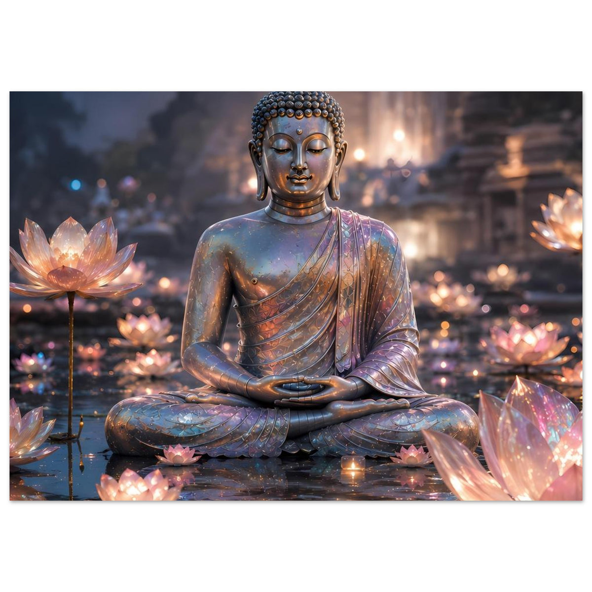 Buddha-Meditationsposter: ganzer Druck mit sitzendem Buddha und blühenden Lotuslichtern