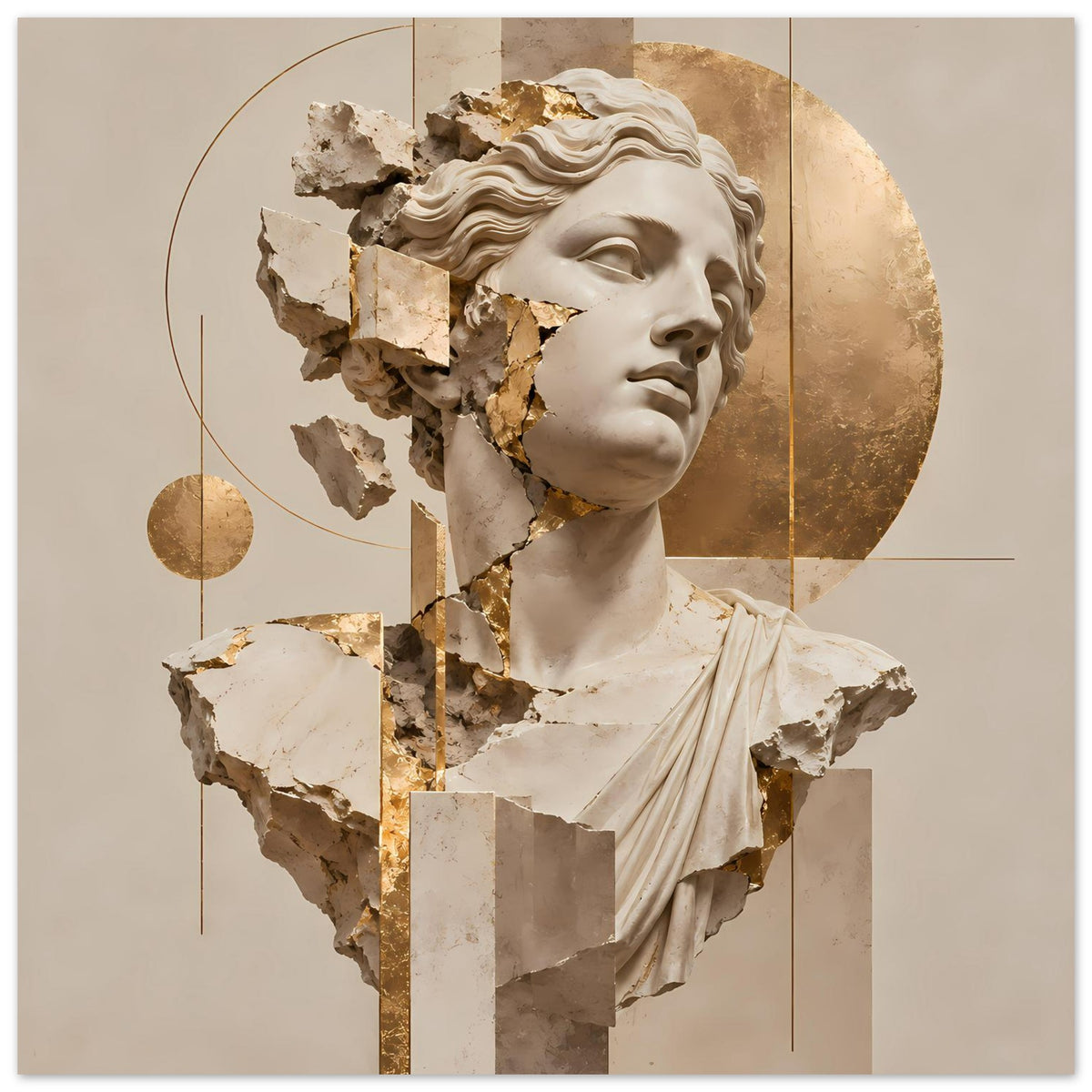Kunstposter mit fragmentierter Antik-Skulptur, weißes Porträt mit goldfarbenem Effekt