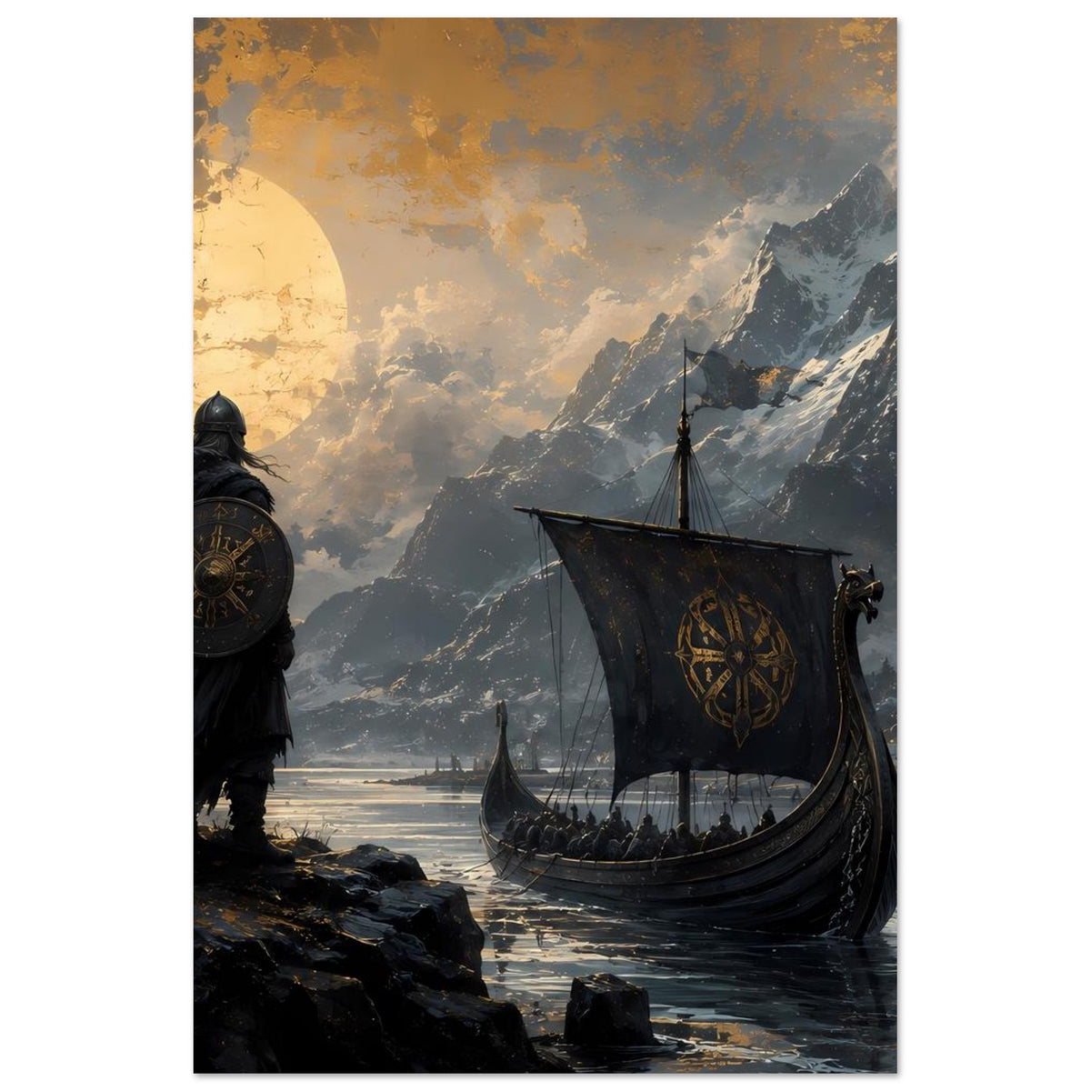 Poster mit Vikingkrieger neben Langschiff, schneebedeckte Berge und goldener Himmel