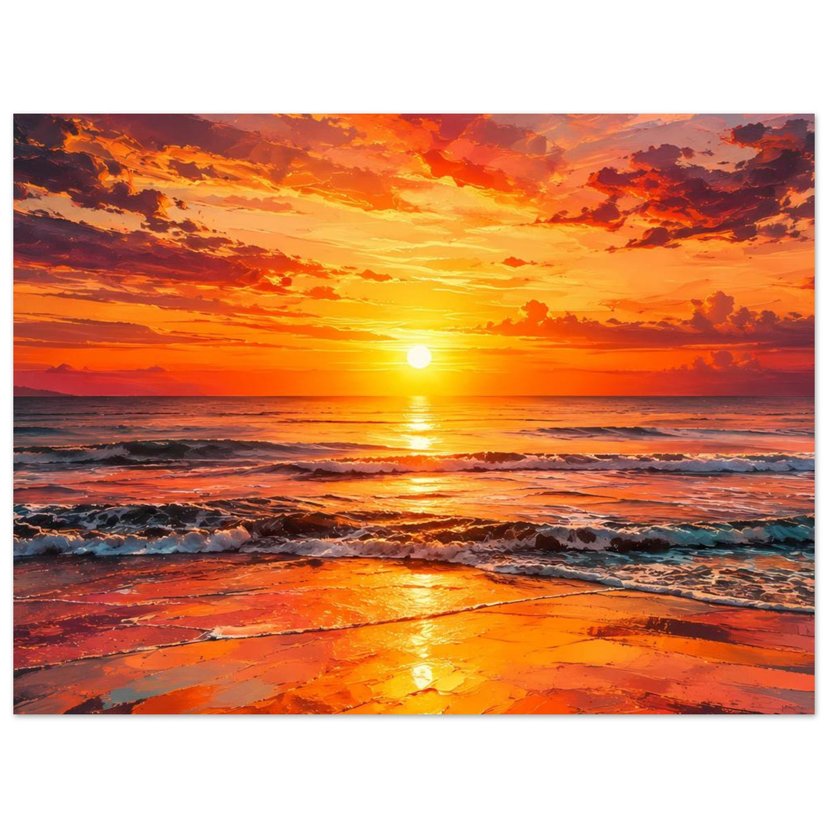 Wandposter mit Sonnenaufgang über dem Meer, orangefarbener Himmel und helle Reflexe
