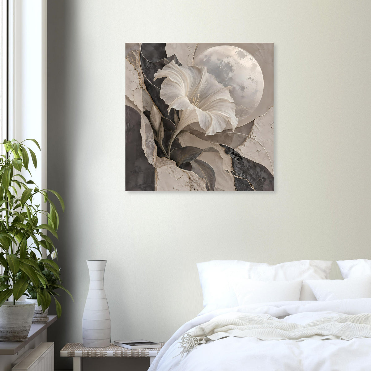 Kunstposter mit weißer Blüte und Mondschein, umgeben von grauen und beigen Flächen