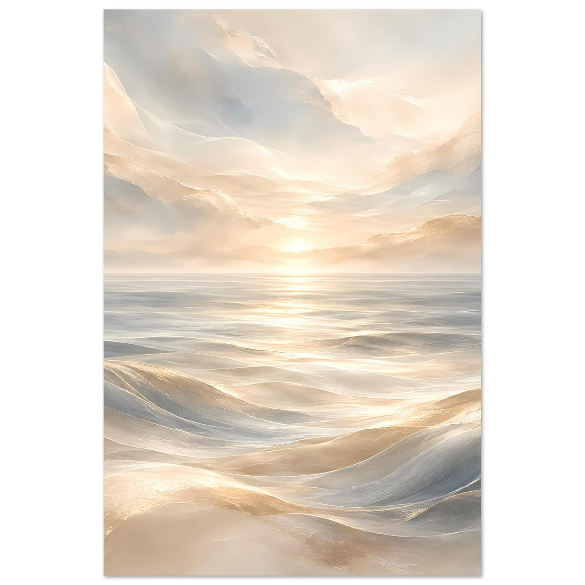 Ozeanwellen-Poster mit Sonnenaufgang, sanften Wellenlinien in warmen Beige- und Grautönen, vertikal