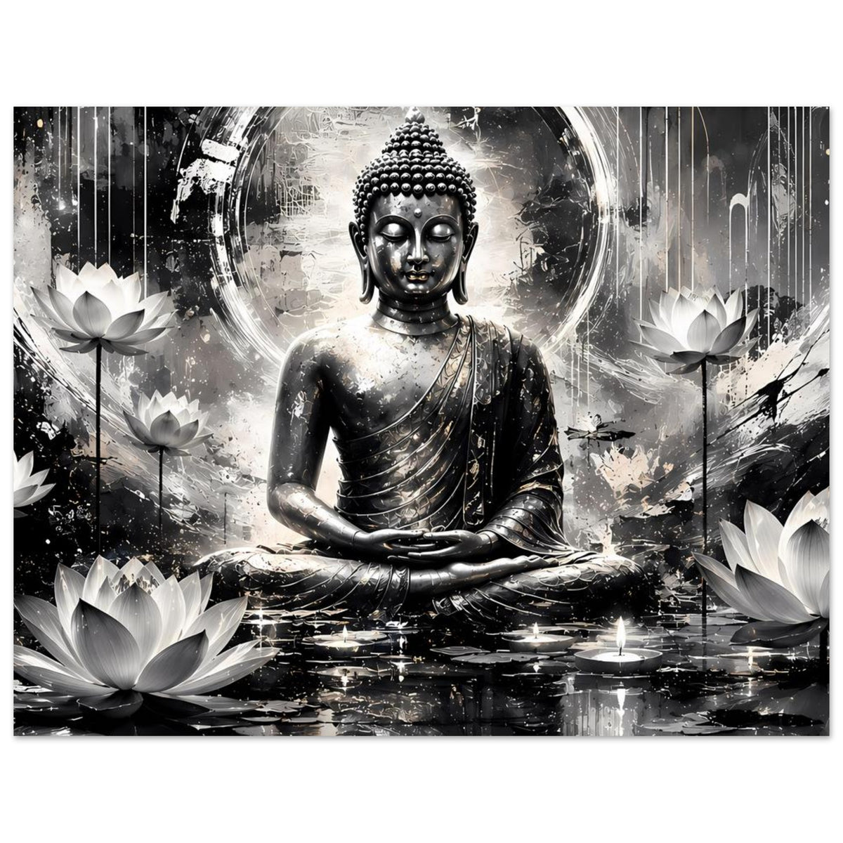 Poster mit sitzendem Buddha in Schwarzweiß, runder Lichtaura, Lotusblüten und Schimmerwasser