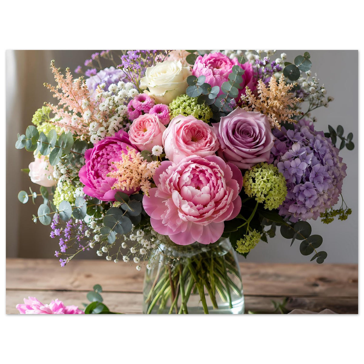 Blumenposter mit Rosenstrauß in Glasvase, rosa-purpurfarbene und weiße Blüten