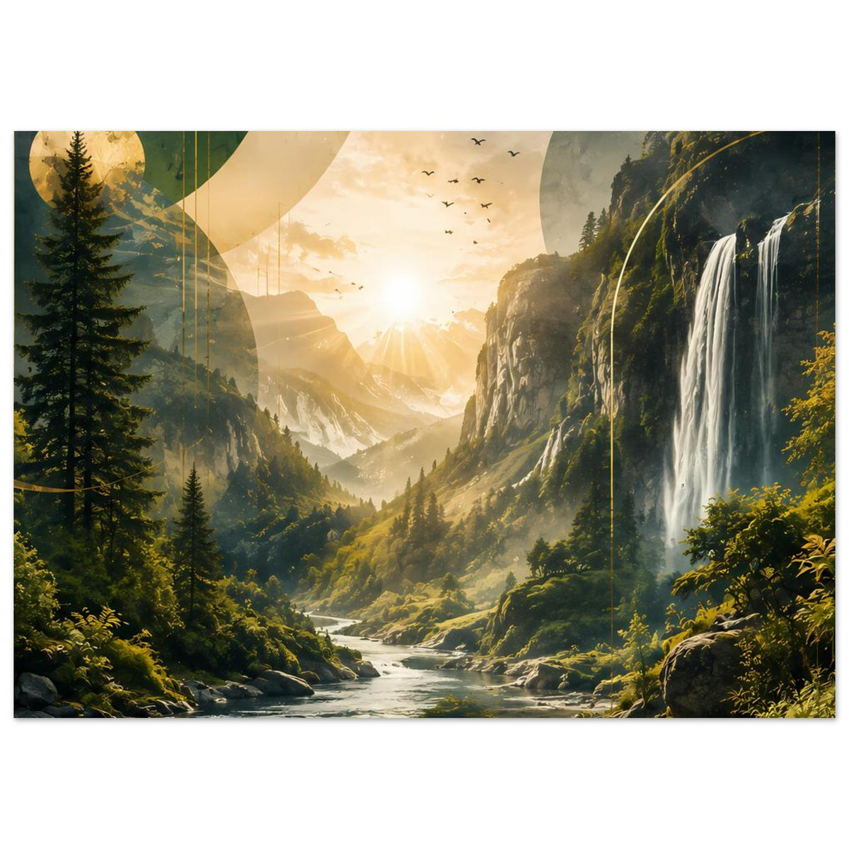 Landschaftsposter (horizontal) mit Wasserfall, Fluss, Sonnenaufgang und Bergwäldern