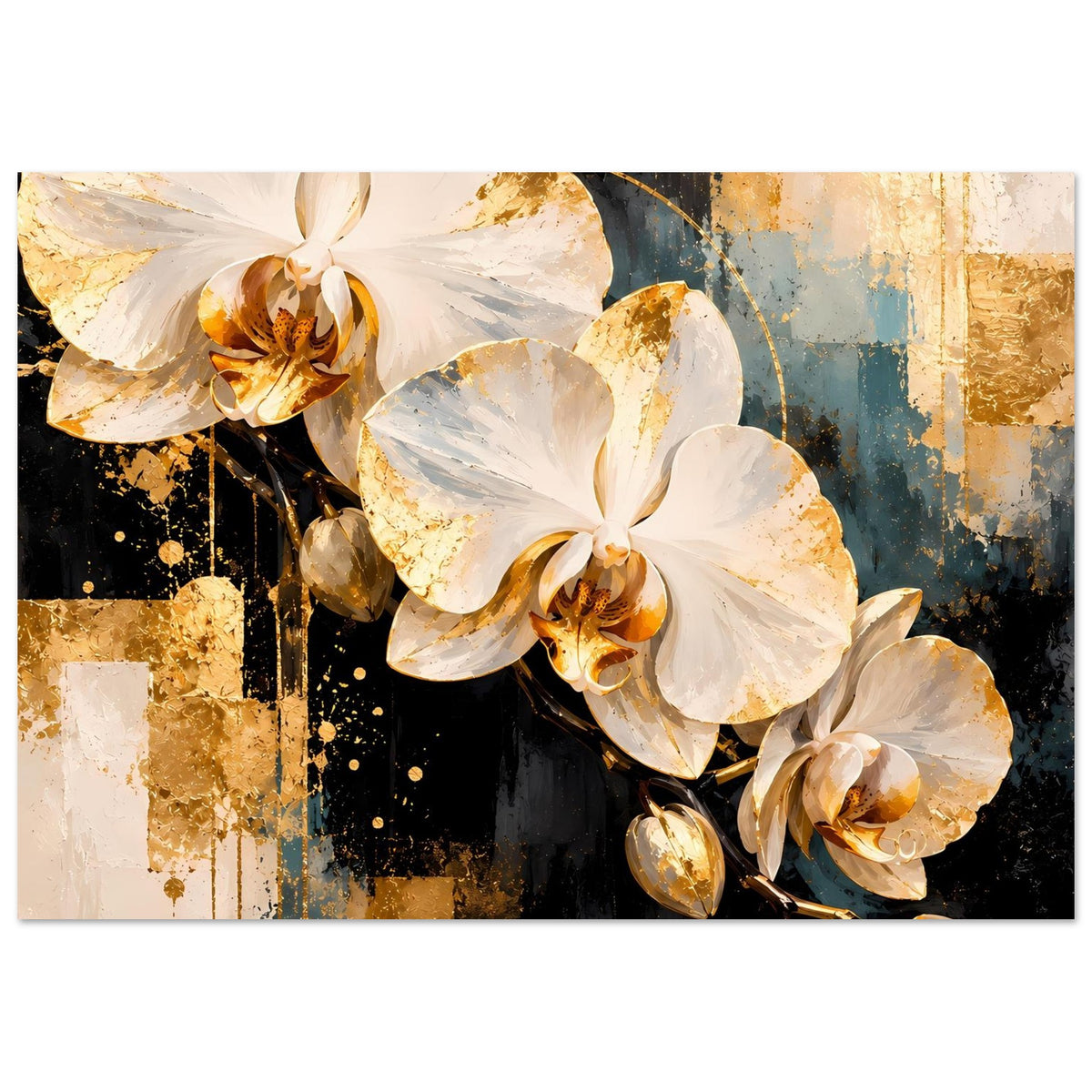 Poster mit weißen Orchideenblüten und goldenen Akzenten, elegantes Kunstmotiv