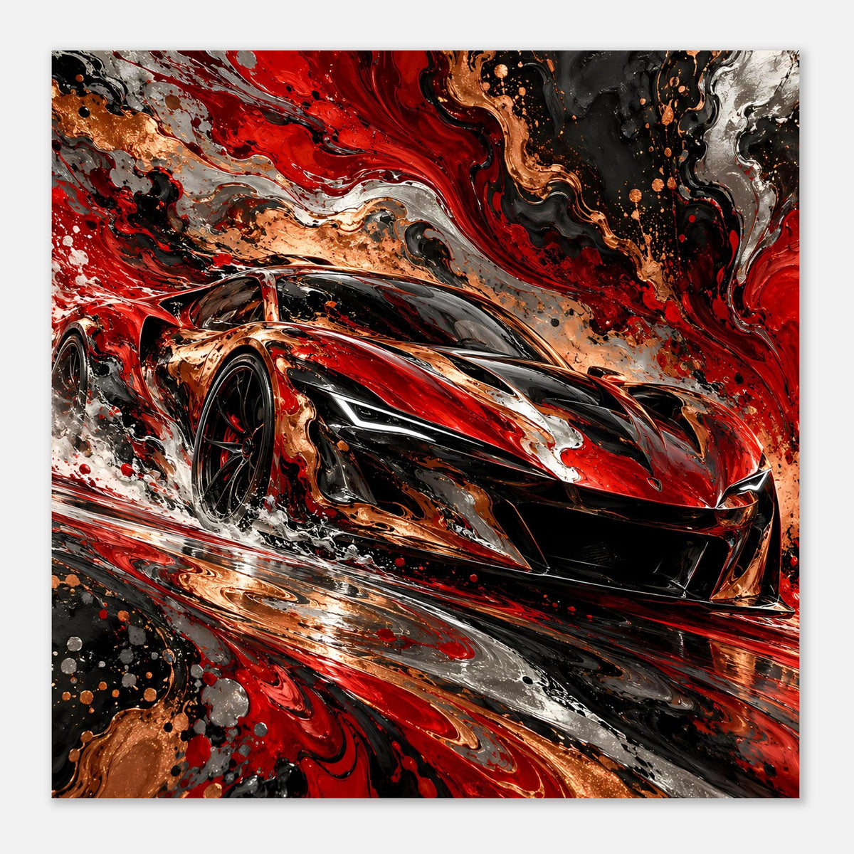Kunstdruck-Poster: Sportwagen mit glänzenden Rot-Schwarz-Flächen und kupferfarbenen Effekten
