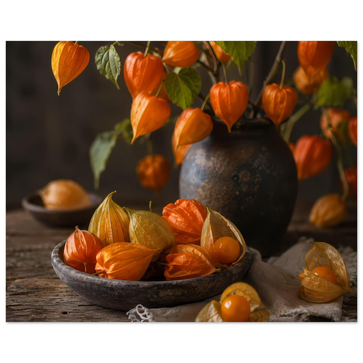 Herbstposter: orange Kürbisse am Ast, Schüssel mit Früchten und Tuch auf Holz
