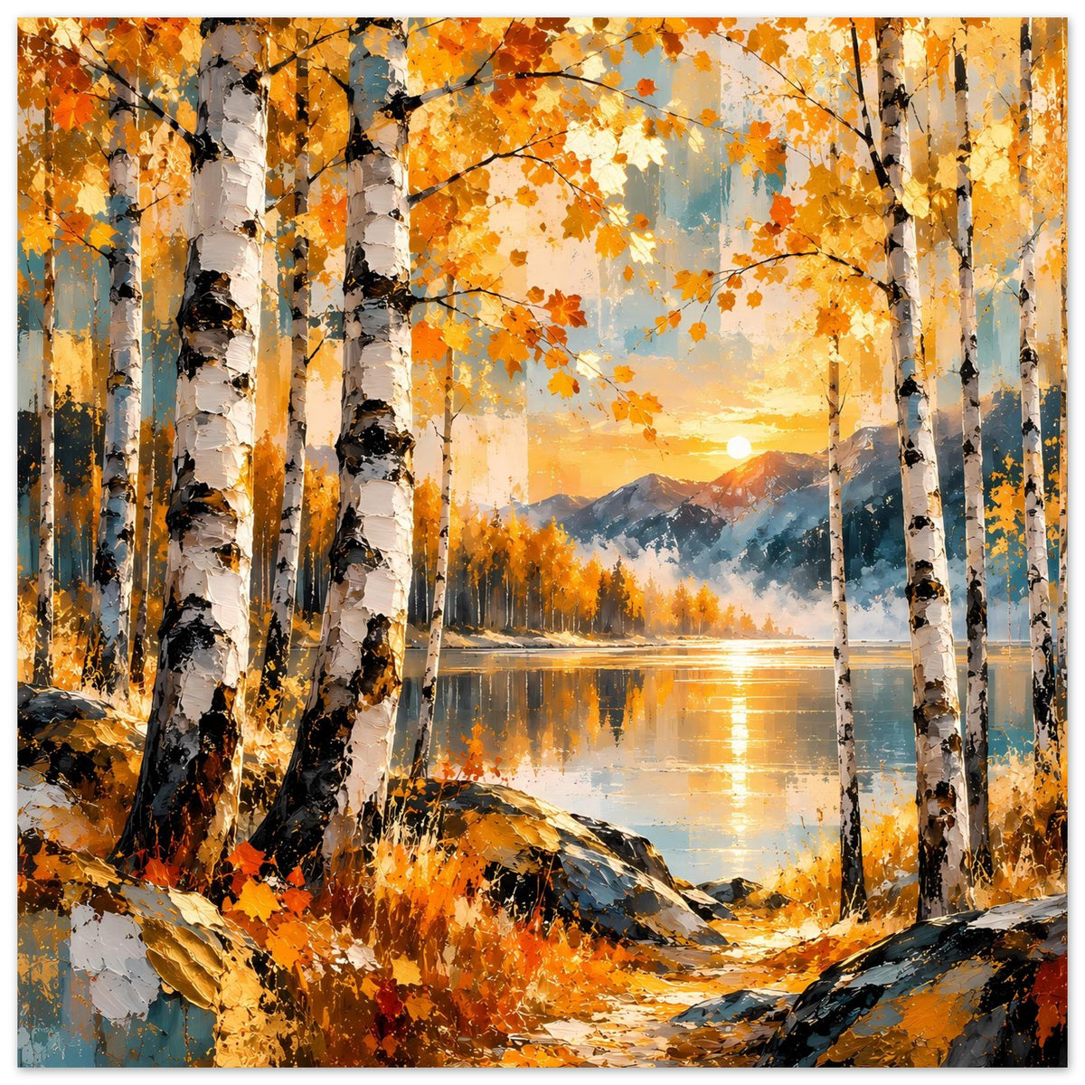 Herbstlandschafts-Poster mit Birkenstämmen, orangefarbenem Herbstlaub und Seeufer