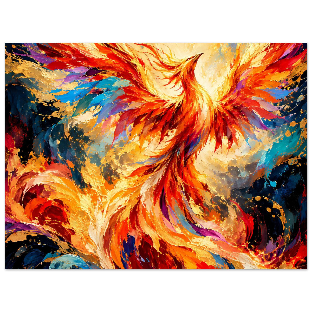 Horizontales Poster: Phönix-Gesicht mit farbigen Flammenfedern, orange, blau und gelb, Rahmen.