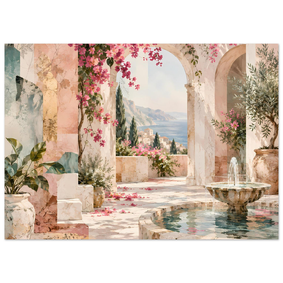 Kunstposter mit Blick durch Arkaden auf Terrasse, Brunnen und rosa Blüten