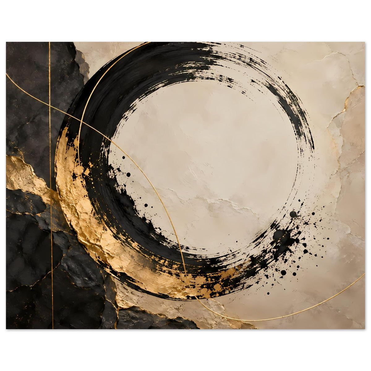 Kunstposter mit abstraktem Kreisring, goldenen Linien und schwarzen Spritzpunkten