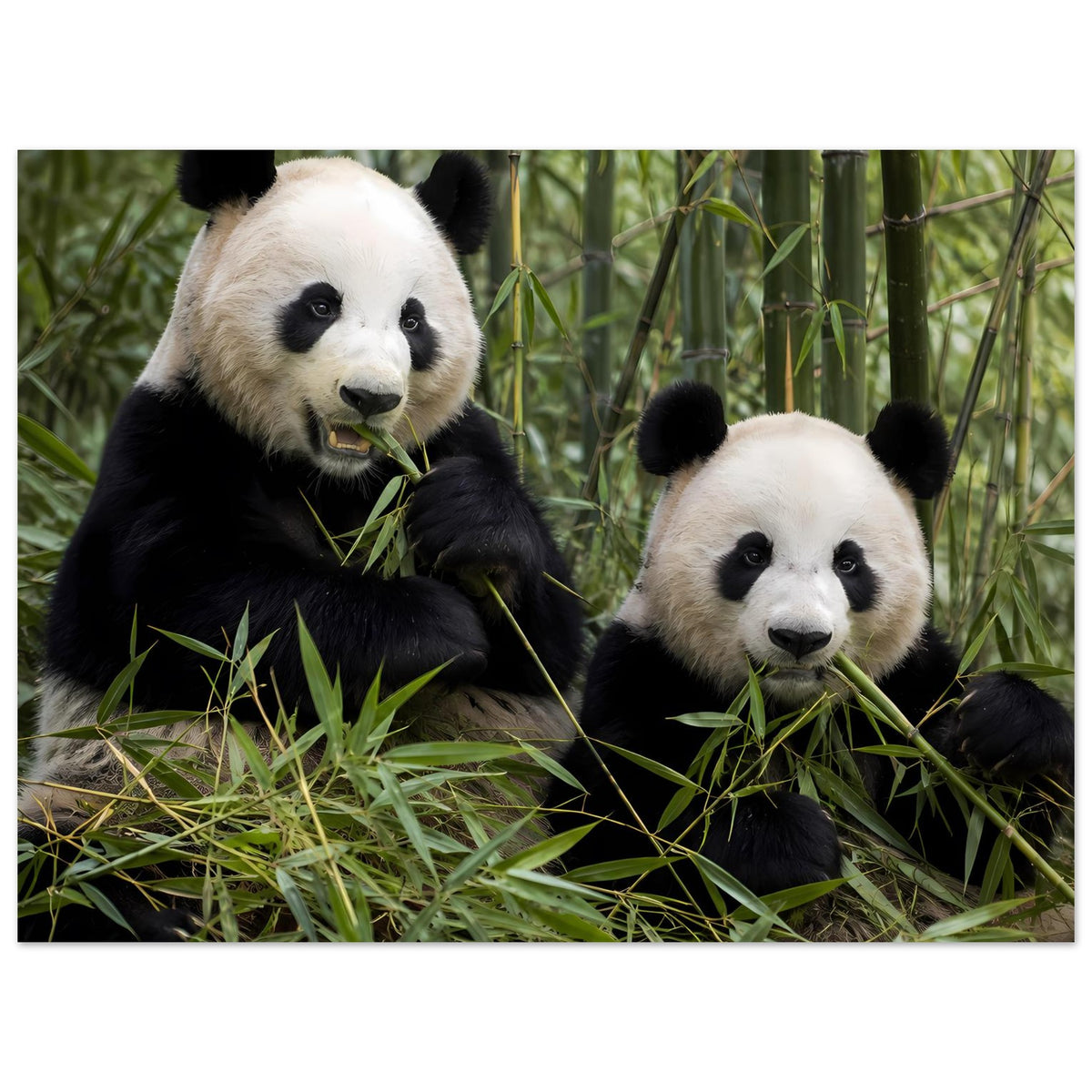 Poster mit zwei Pandas im Bambus, Fokus auf Gesichter und Gras