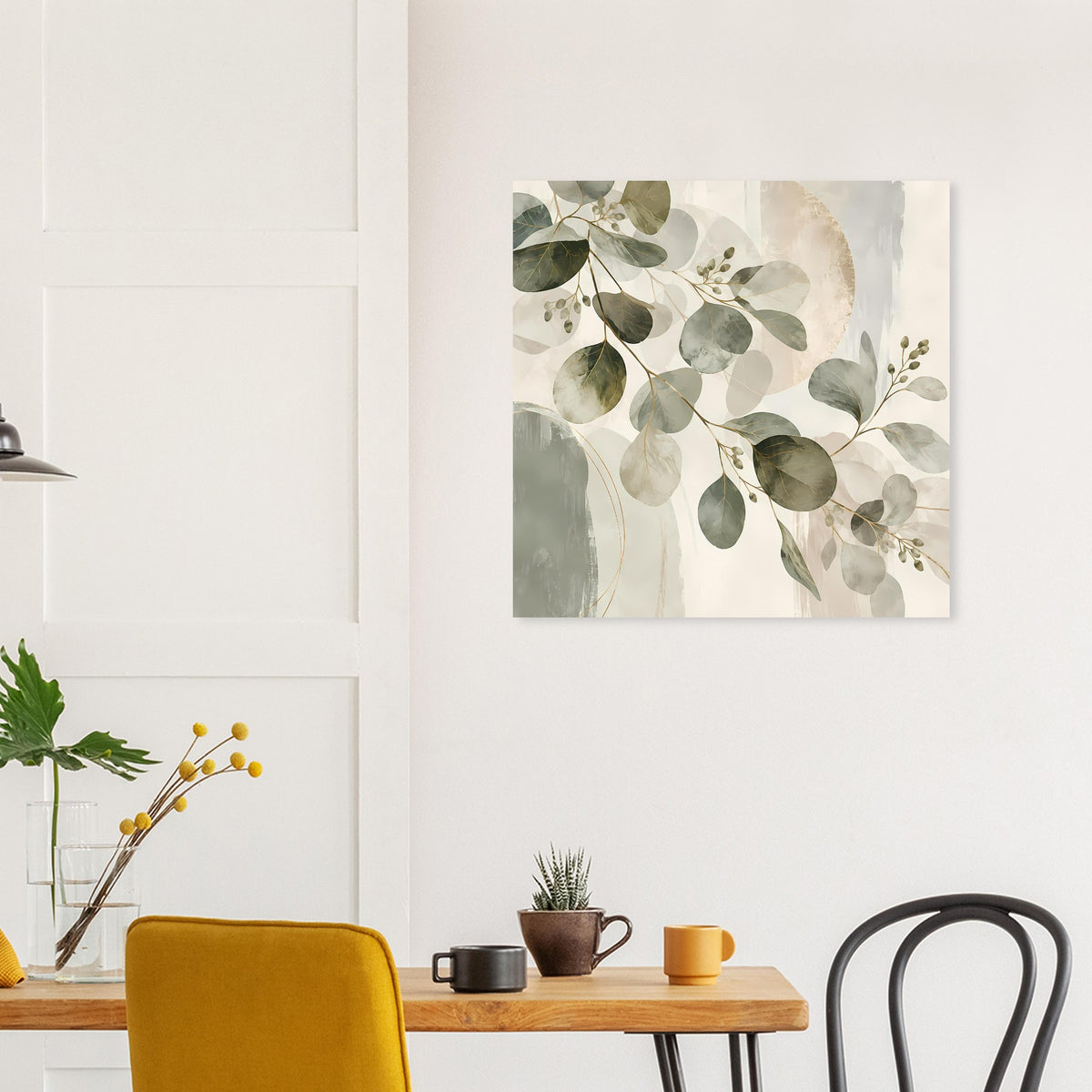 Quadratisches Kunstposter mit graugrünen Blattzweigen und warmem Hintergrundton