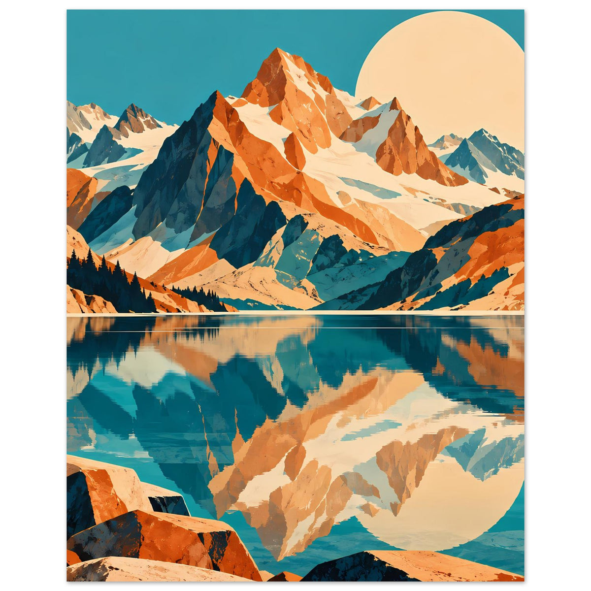 Naturposter mit Berggipfeln, See-Spiegelung, Sonne oben rechts, Blau-Orange Farbfläche