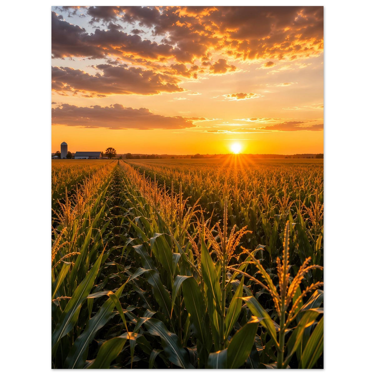 Hochkant Poster mit Sonnenuntergang über Maisfeld und goldenem Horizont