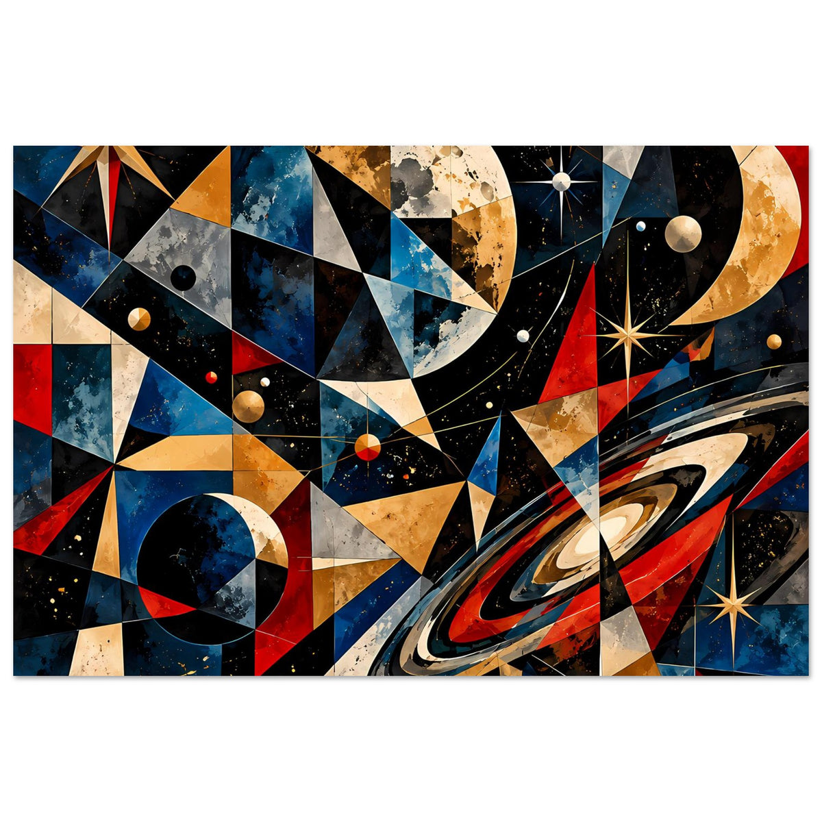 Weltraum-Poster mit Dreiecken, Kreisen und Spiralform, Planeten und Sternen in Blau, Rot, Gold