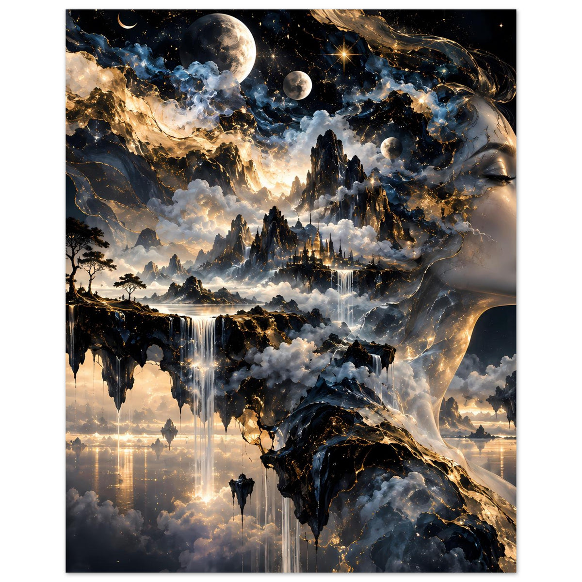 Surreales Poster mit kosmischer Traumlandschaft, Monden über Wasserfällen und Wolken