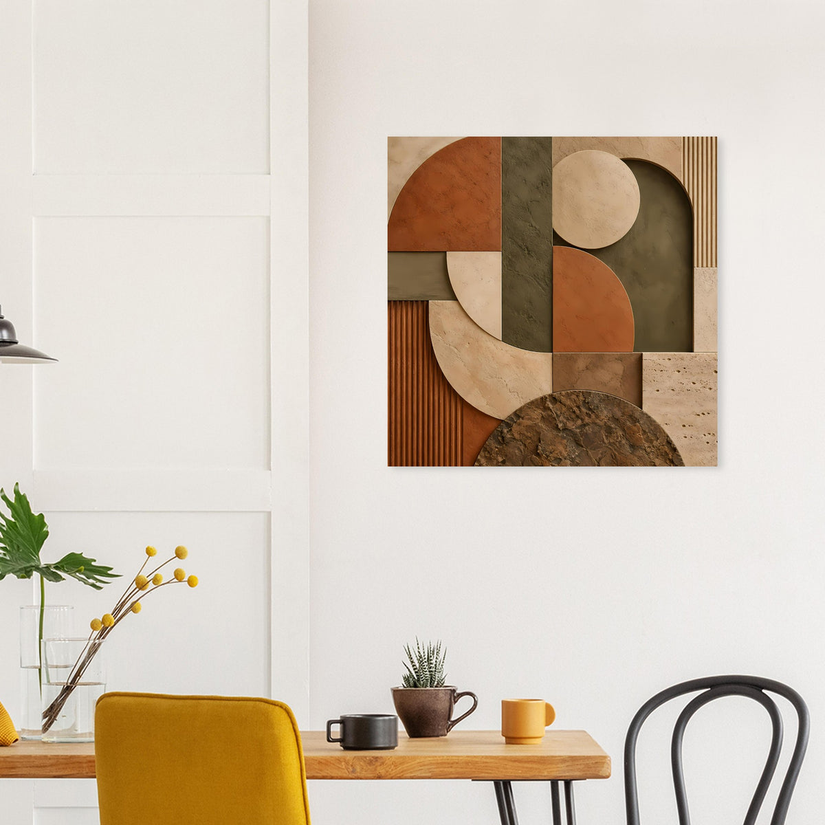 Abstraktes Poster in Erdtönen mit geometrischen Formen, Kreisen und Blockfeldern im Rahmen
