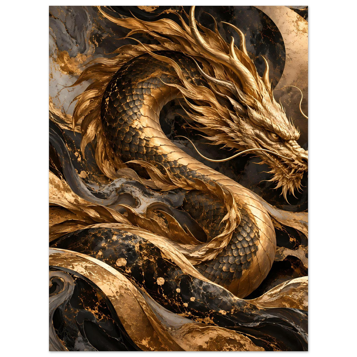 Fantasy-Poster mit goldenem Drachenkopf, Schuppen und wallender Mähne auf dunklem Grund