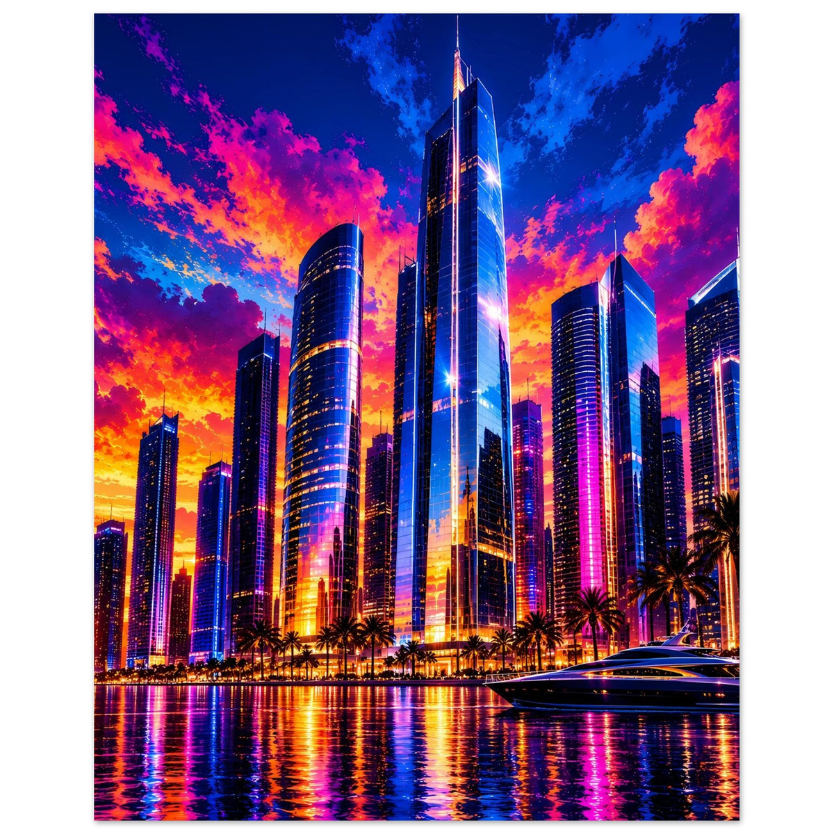 Stadt-Skyline-Poster: leuchtende Wolkenkratzer bei Sonnenuntergang, Reflexionen im Wasser und Boot