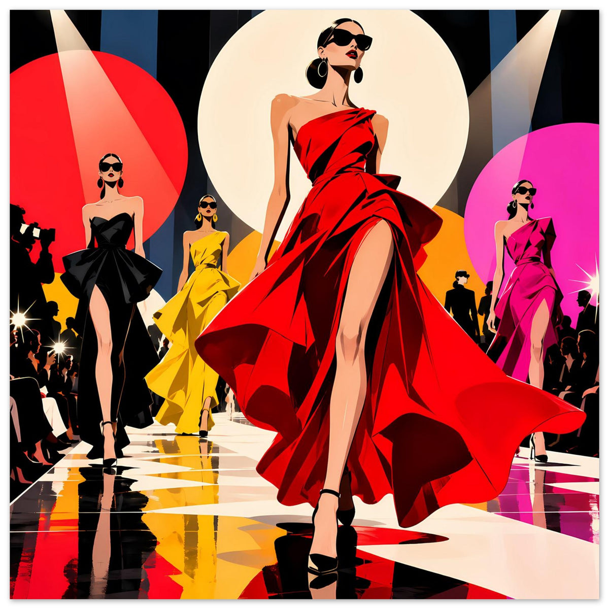 Modeposter: Pop-Art-Figur im roten Faltenkleid mit schwarzer Maske, weitere Models.