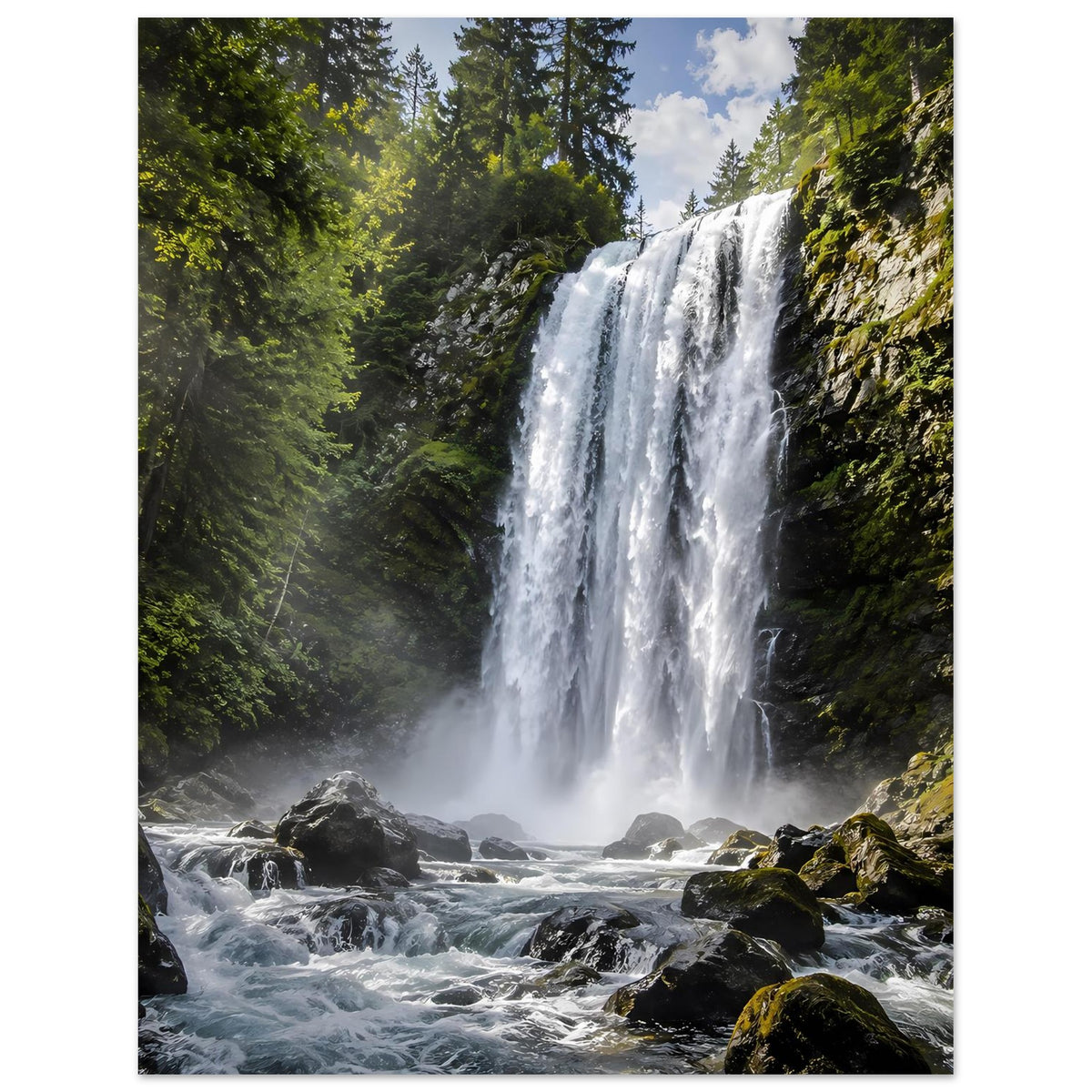Wasserfall-Premiumposter mit Wasserfallfront und moosigen Steinen, Hochformat