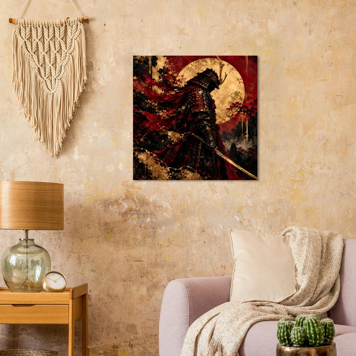 Quadratischer Wanddruck: Samurai-Krieger im Kampf, schwarzer Harnisch, roter Stoff, goldener Halbmond.
