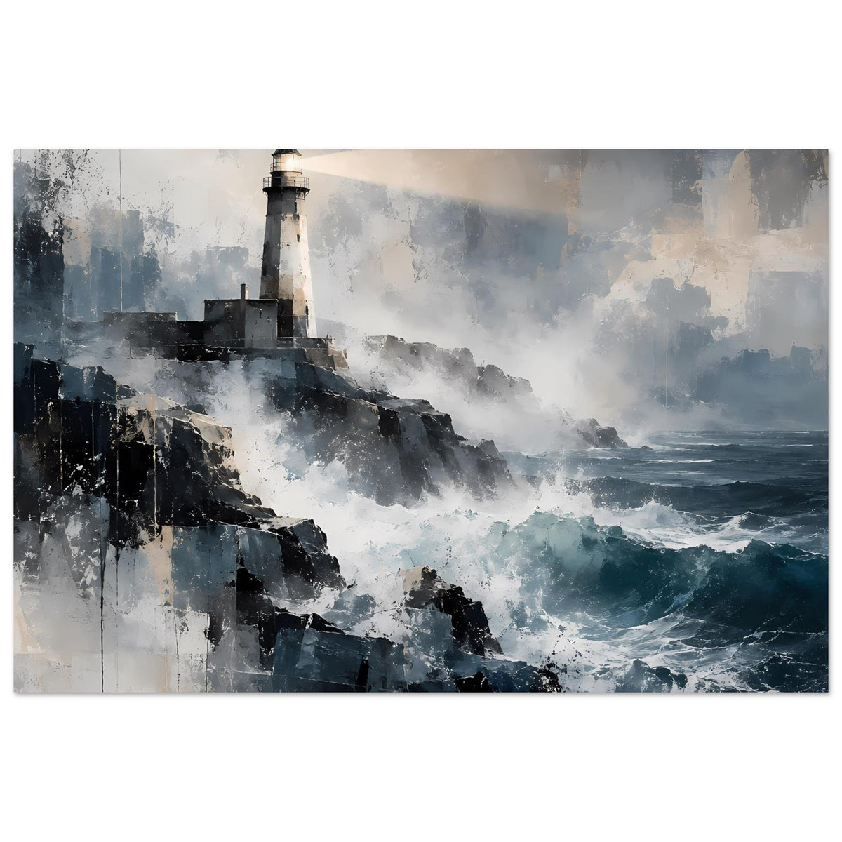 Maritimes Poster: Leuchtturm vor felsiger Küste, atmosphärische Wolken in Blau