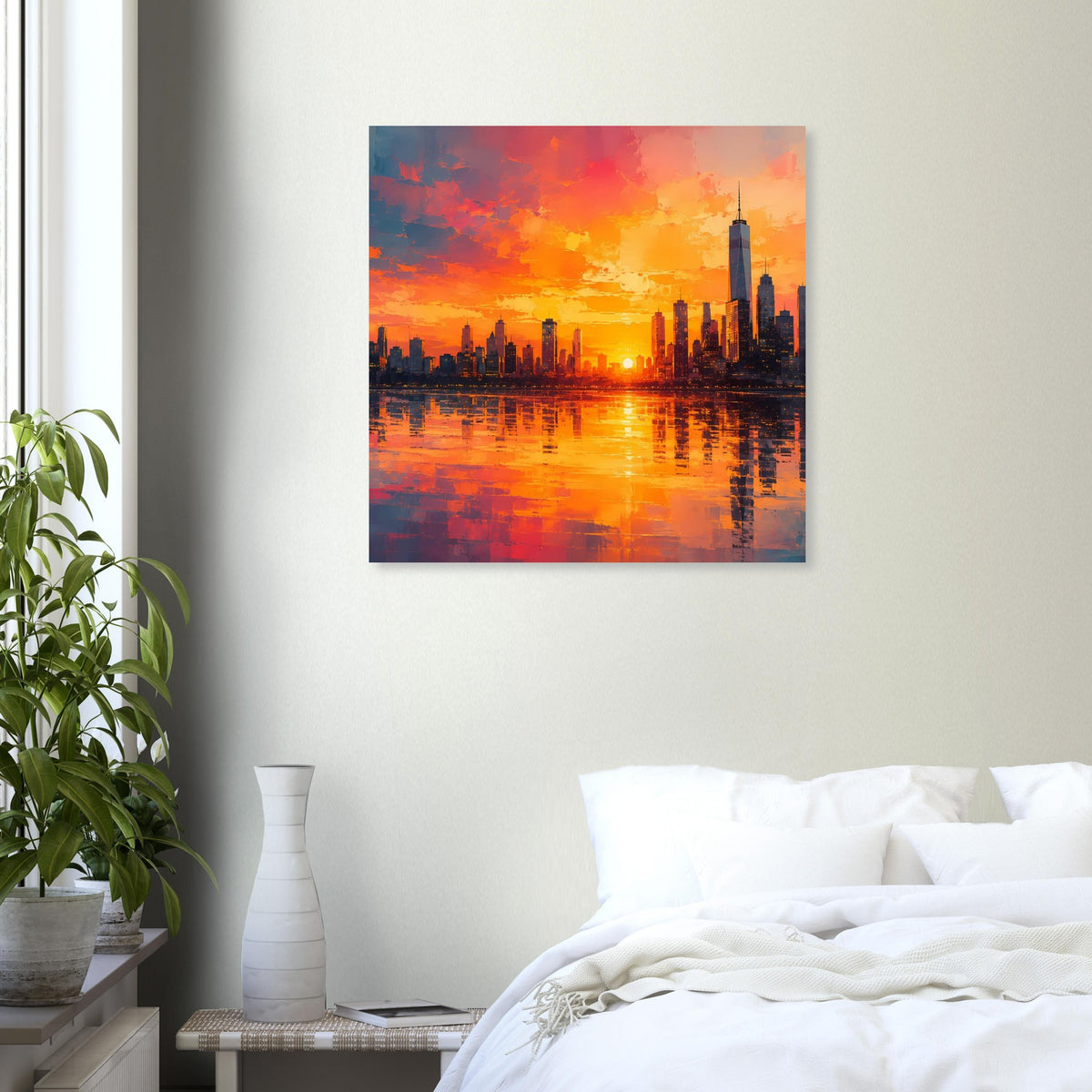 Poster mit Großstadt-Skyline bei Sonnenuntergang, leuchtender Horizont und Reflexion