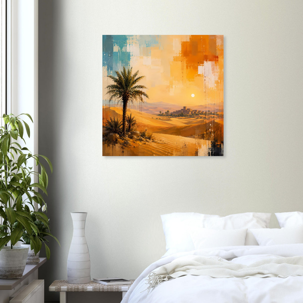 Wandposter mit Palmen, Sanddünen und abstrakten Farbflächen in Orange, Blau und Beige