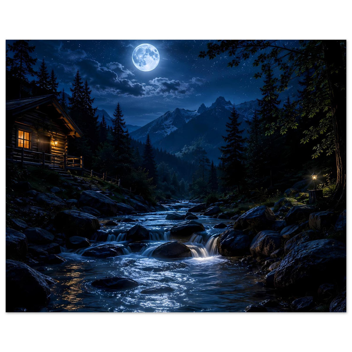 Poster im Panoramaformat: Mondschein über Flusslauf, Steine, Tannen und beleuchtetes Haus