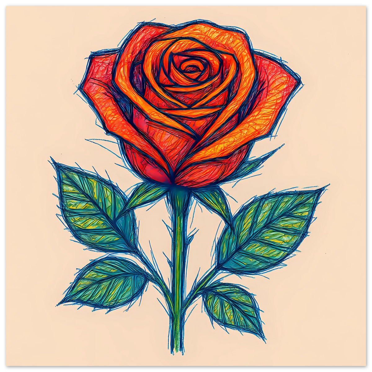Poster: stilisierte Rose mit orange-roter Blüte und grünem Blattwerk, vollständig sichtbar