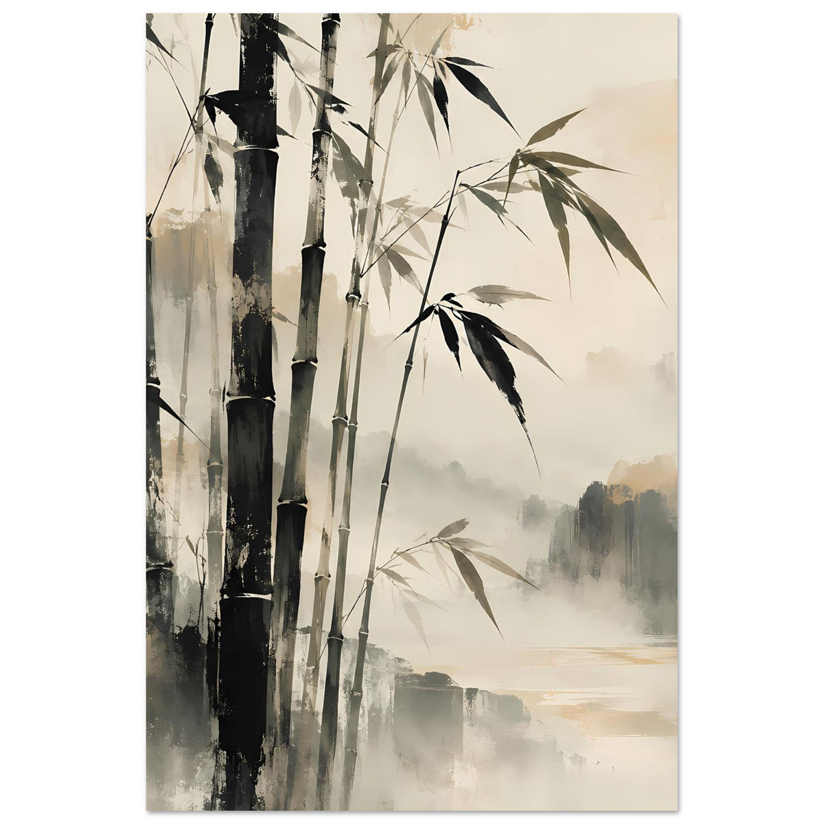 Wandposter im Hochformat: Bambusstäbe, Nebel und Vogelmotiv in Beige und Grau