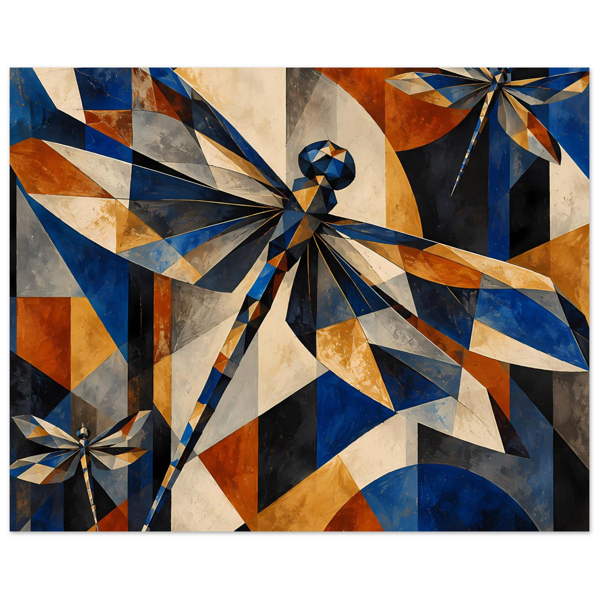 Kunstposter, breite Darstellung der geometrischen Libelle in Blau, Kupfer und Schwarz