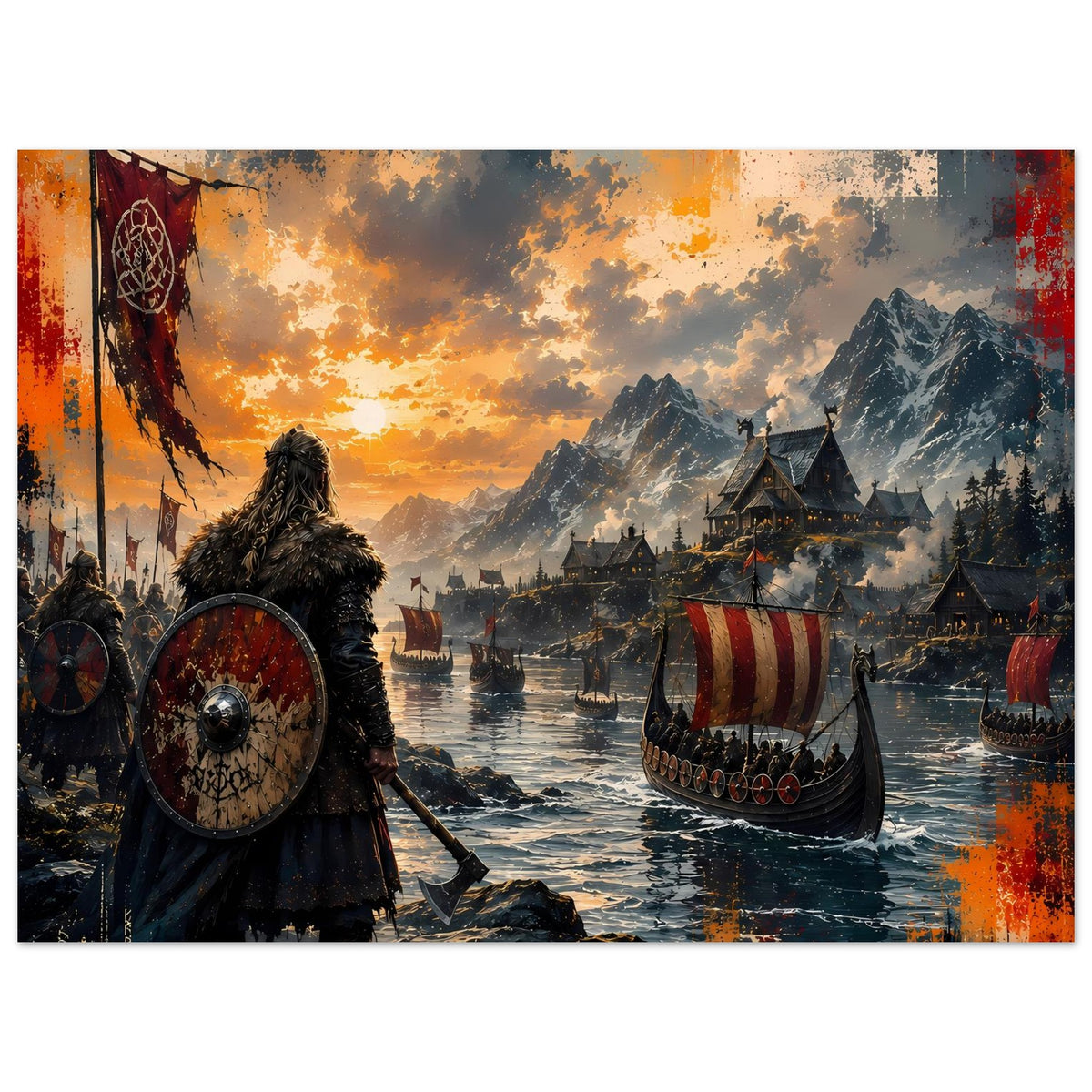 Wikinger-Saga-Poster: Wikingerkrieger mit Schild und Langschiff im Sonnenuntergang.