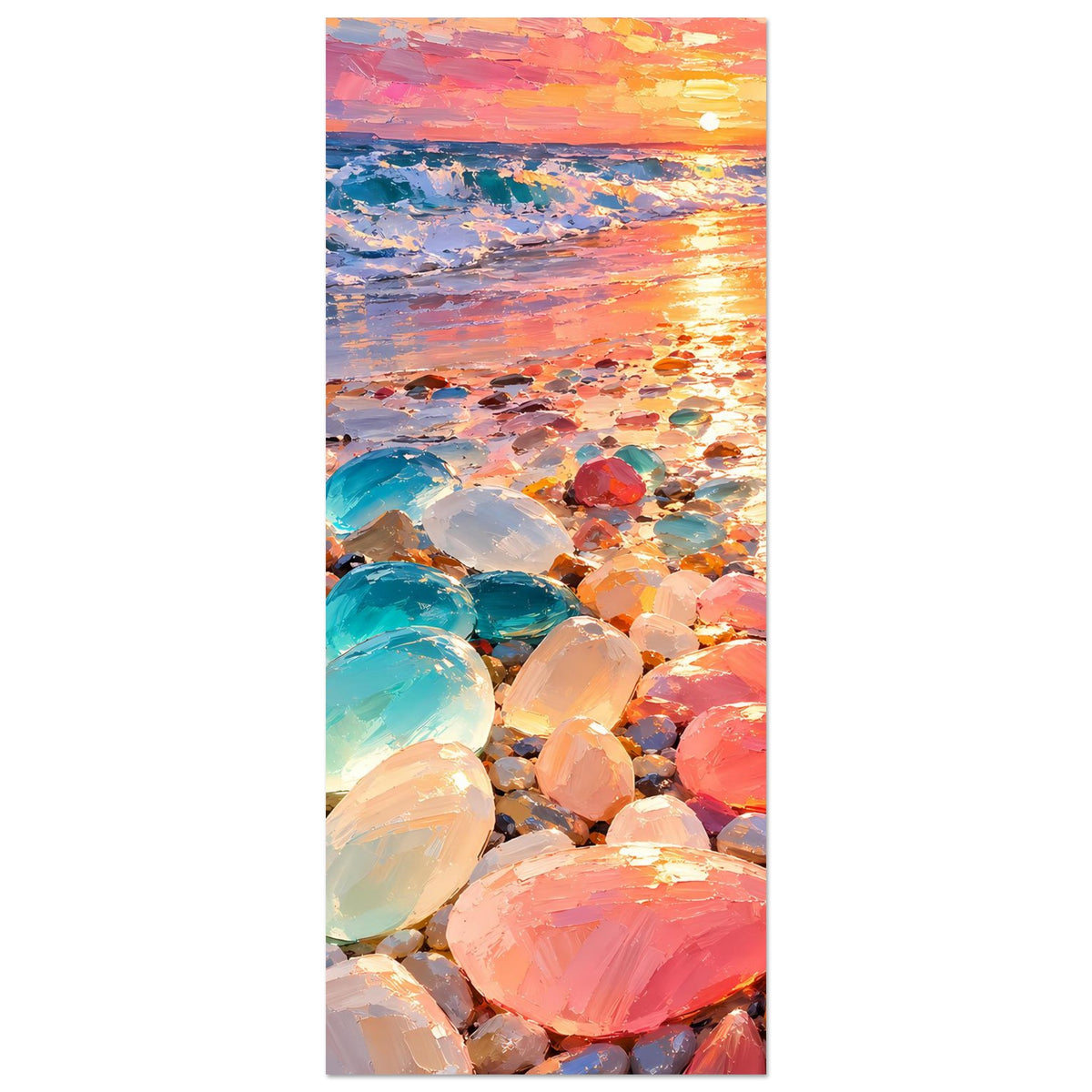 Wandposter hochkant mit bunten Strandsteinen und Sonnenuntergang am Wasser