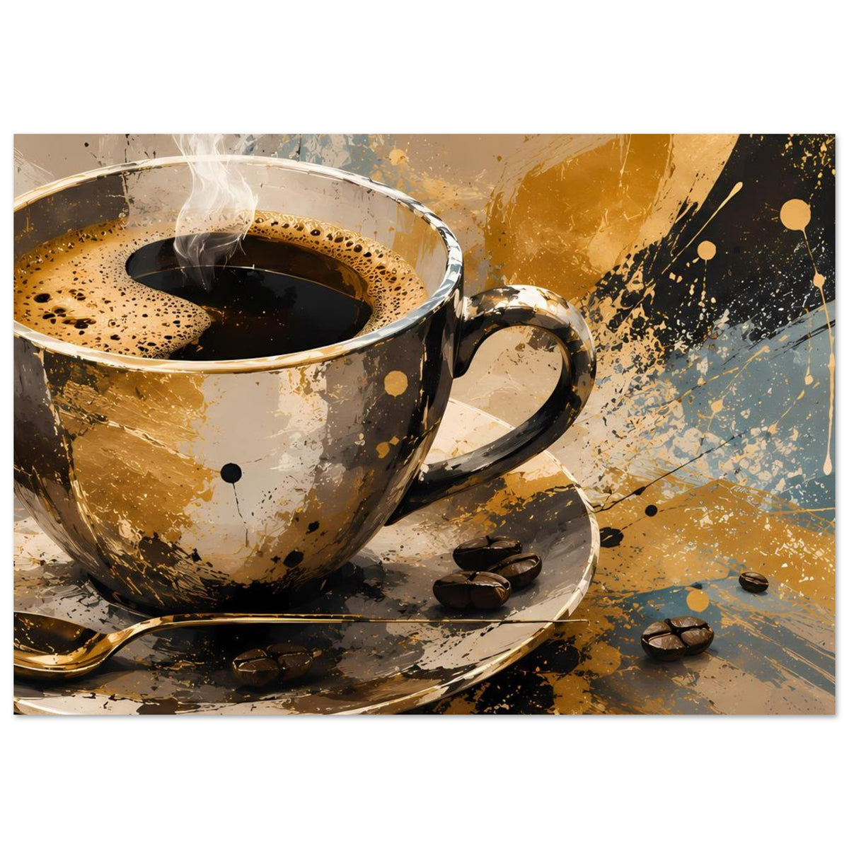 Kunstposter mit Kaffeetasse auf Untertasse, dampfender Espresso, verteilt liegende Kaffeebohnen