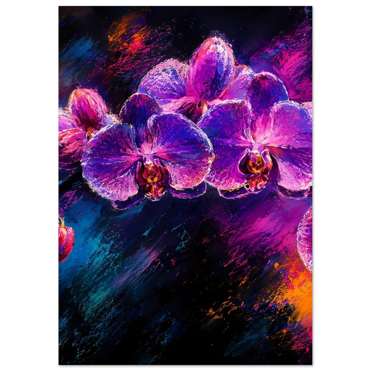 Vertikales Blumenposter mit violetten Orchideen und leuchtenden Farbverläufen