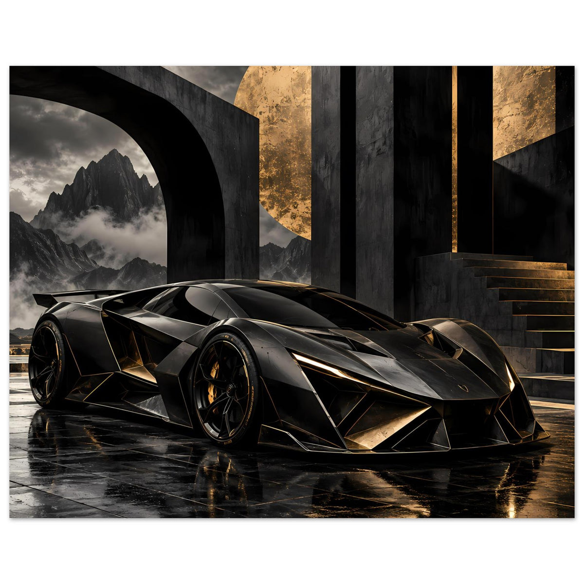 Autoposter: futuristischer Supersportwagen Schwarz-Gold, Frontansicht mit goldenen Akzenten am Kühler