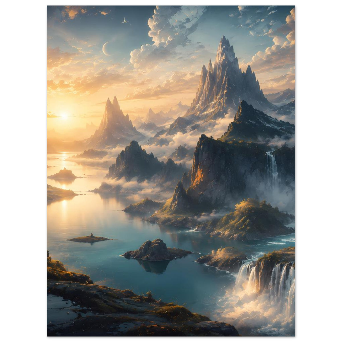 Vertikales Poster mit felsigen Gipfeln, Wasserfall rechts und warmem Morgenlicht
