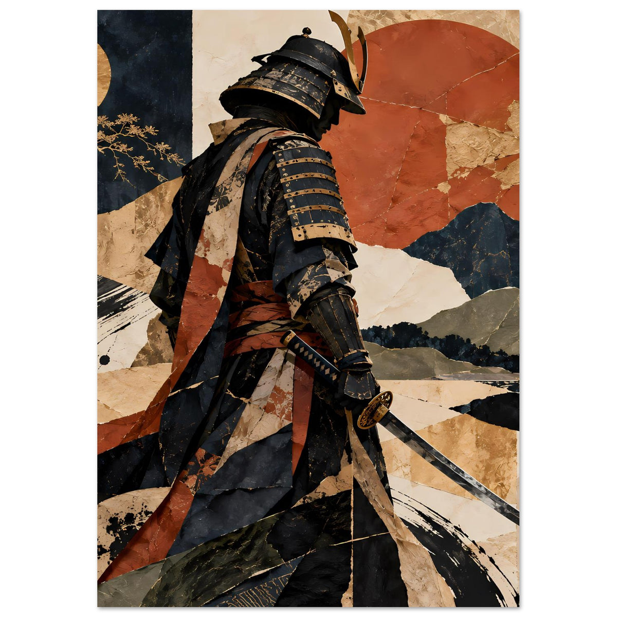 Poster im Hochformat mit Samurai-Silhouette, schwarzes und goldgepunktetes Detail, Erdtöne