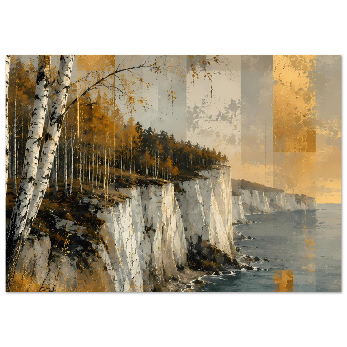 Herbstliches Küstenlandschafts-Poster mit Steilküste, Birkenwald und Meer, kontrastreich in Grün/Gold