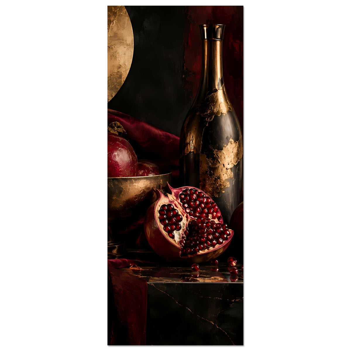 Vertikales Poster mit Granatapfel-Stillleben: Vase, goldene Schale und angeschnittener Frucht