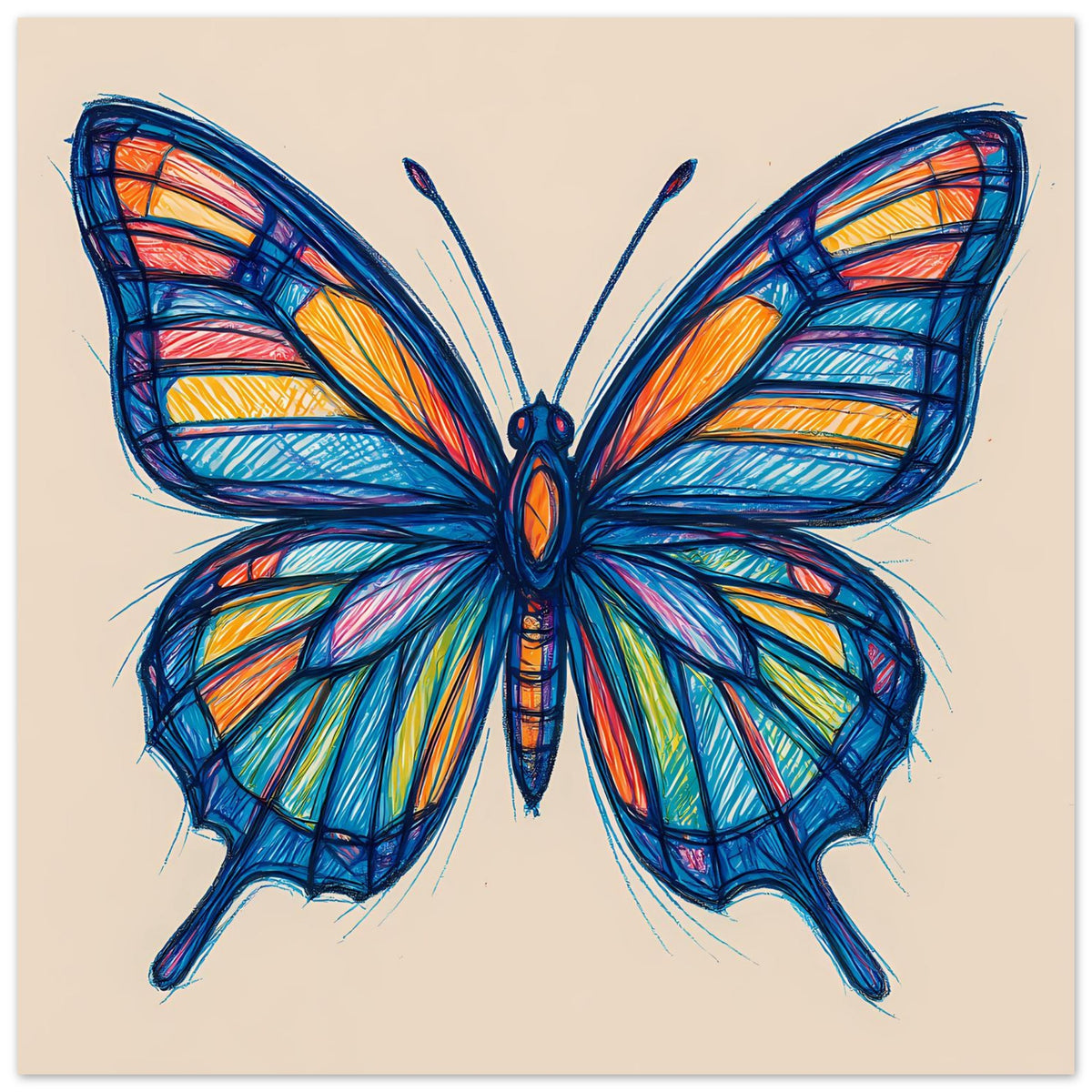 Schmetterlingskunstposter mit blau-orangen Flügeln, buntes Muster und Flügelrändern