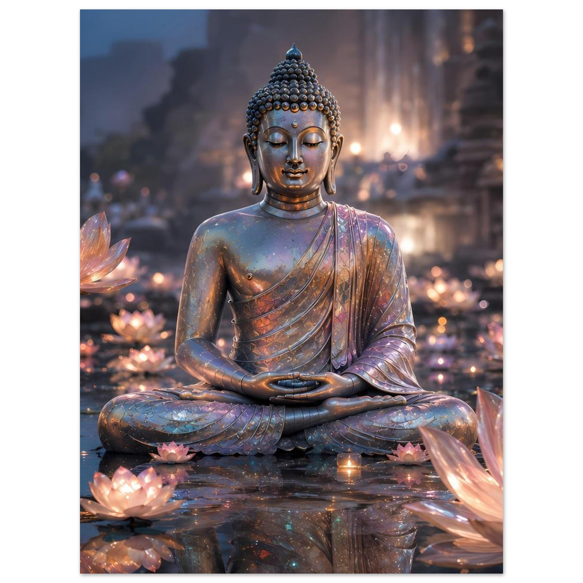 Buddha-Meditationsposter: sitzender Buddha in blau-goldener Bemalung mit Lotusblüten